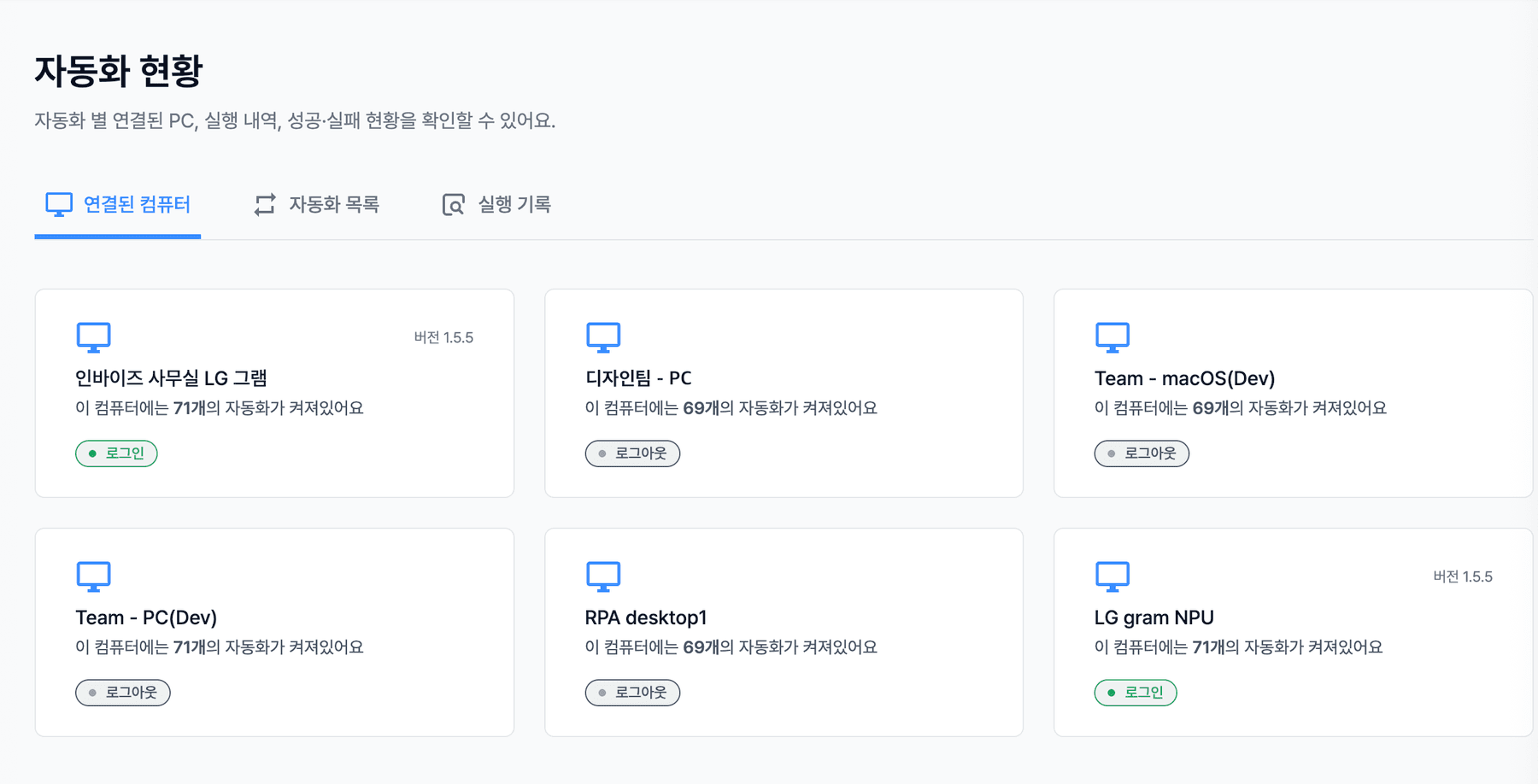 인바이즈 자동화 현황 화면 — 연결된 컴퓨터별로 켜져 있는 자동화 개수와 접속 상태를 보여준다